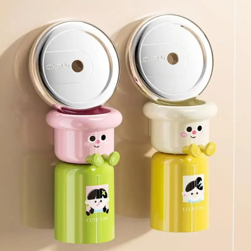 Cartoon Magnetic Toothbrush Holder Punch-Free Upside down Wall Mounted Bathroom Storage Rack Gargle Cup Organizer