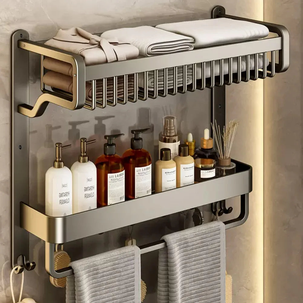 Multi-layer bathroom wall shelf with towel bar and hooks, kitchen spice storage rack toilet shelf