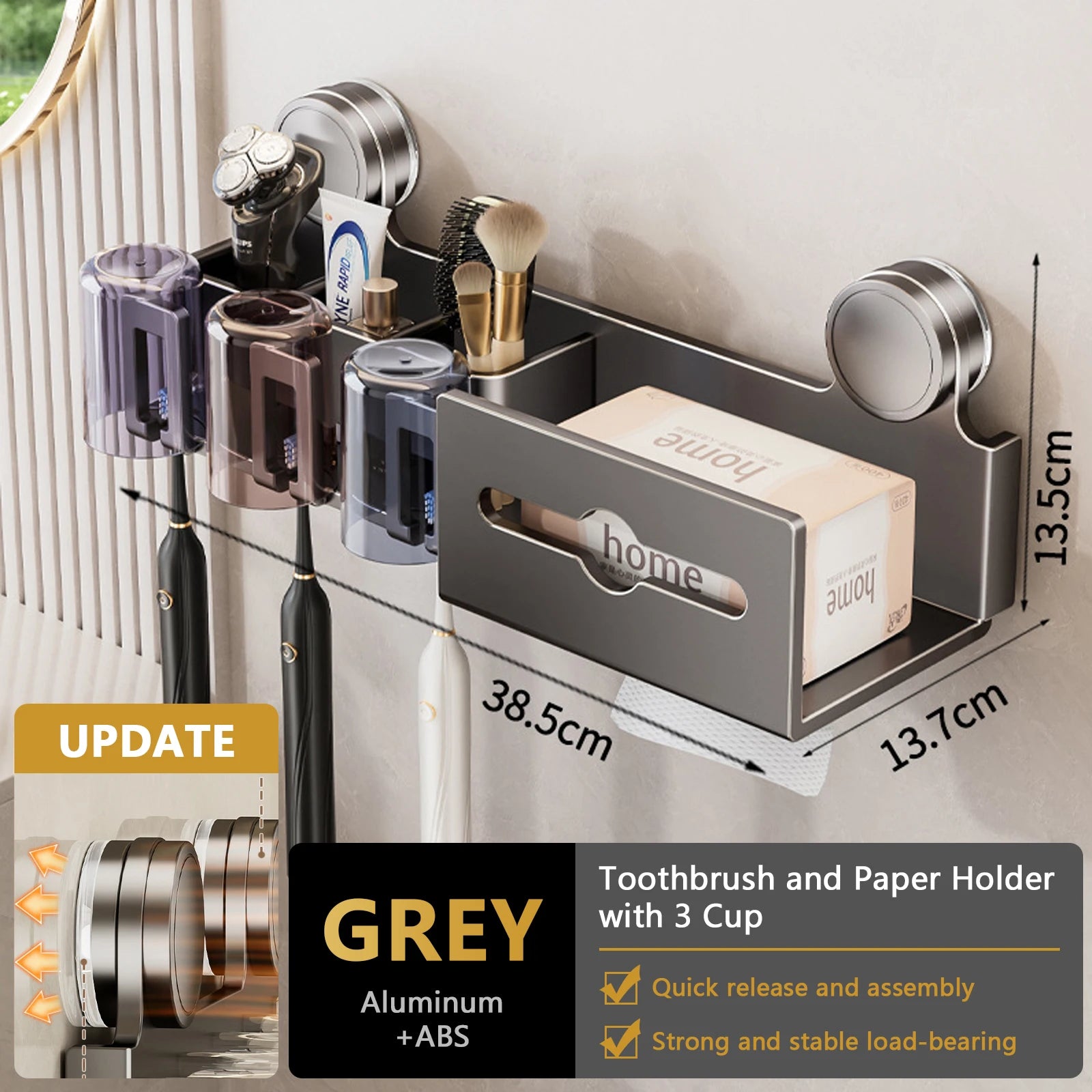 Suction Cup Toothbrush Holder With Paper Towel Holder Wall Mounted Storage Bathroom Shelf Mouthwash Cup Toothbrush Holder