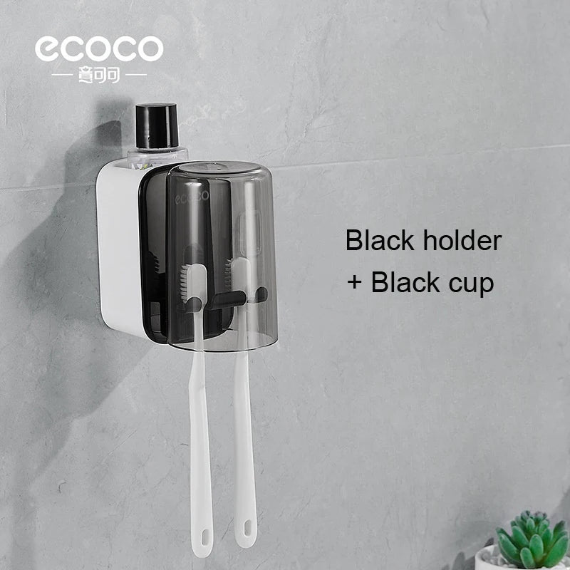 ECOCO Toothbrush Holder and Cup Set Wall Mount Bathroom Accessory Punch Free Mouthwash Holder for Single Home School Student