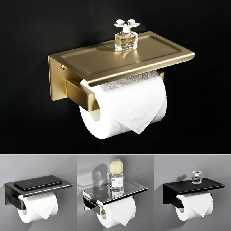 Stainless Steel Toilet Paper Holder Wall Mount with Shelf Tissue Paper Roll Holder Drilling Design Bathroom Storage Organizer