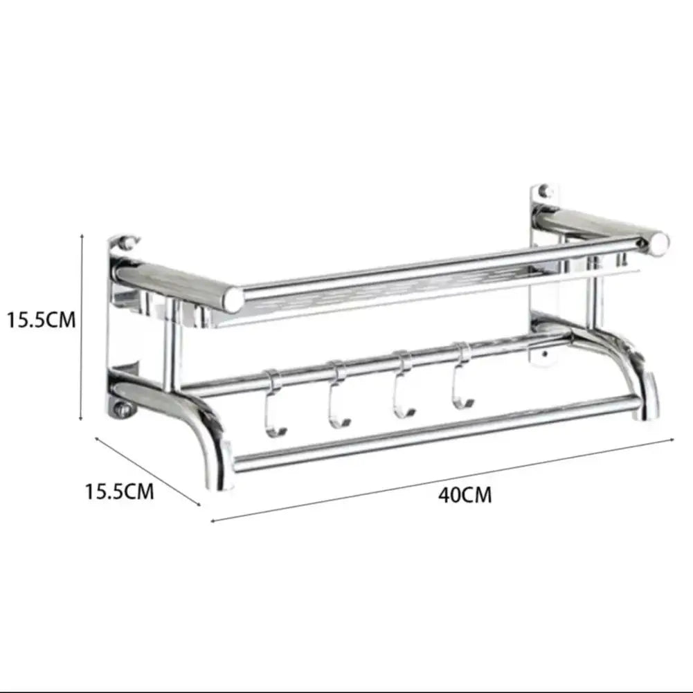 Wall Mounted Bath Towel Rail Bathroom Shelf Holder with Hooks