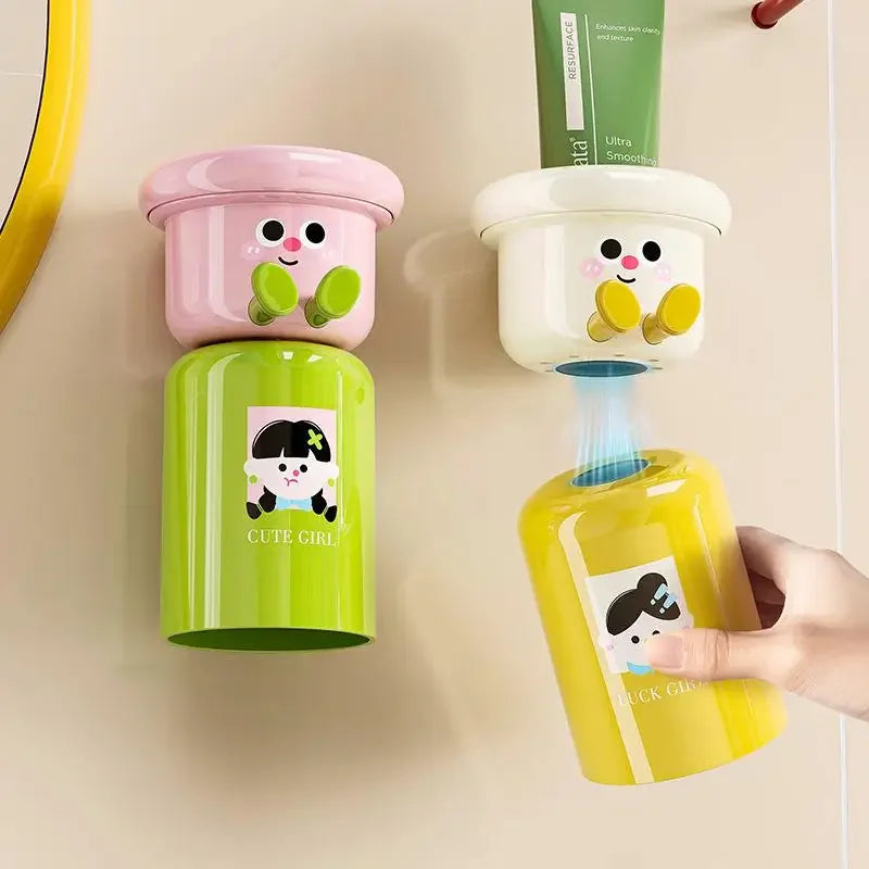 Cartoon Magnetic Toothbrush Holder Punch-Free Upside down Wall Mounted Bathroom Storage Rack Gargle Cup Organizer