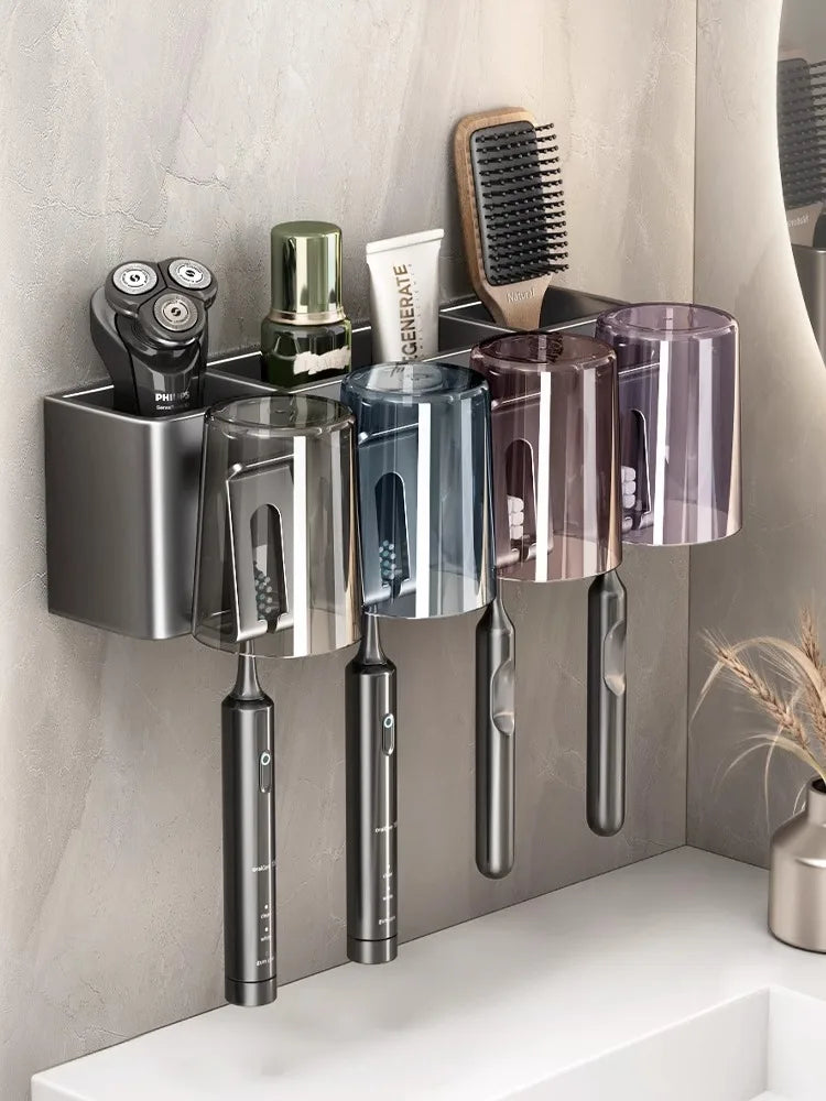 Multi-Function Toothbrush Cup Holder Punch-Free Toothpaste Holder Wall-Mounted Bathroom Storage Box Mouthwash Cup Holder