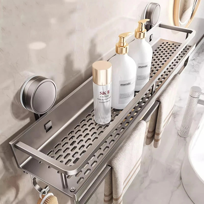 AOBT Wall Mounted Bathroom Suction Cup Shelf Multi-Purpose Rack Towel Holder for Washbasin Kitchen Storage Organizer