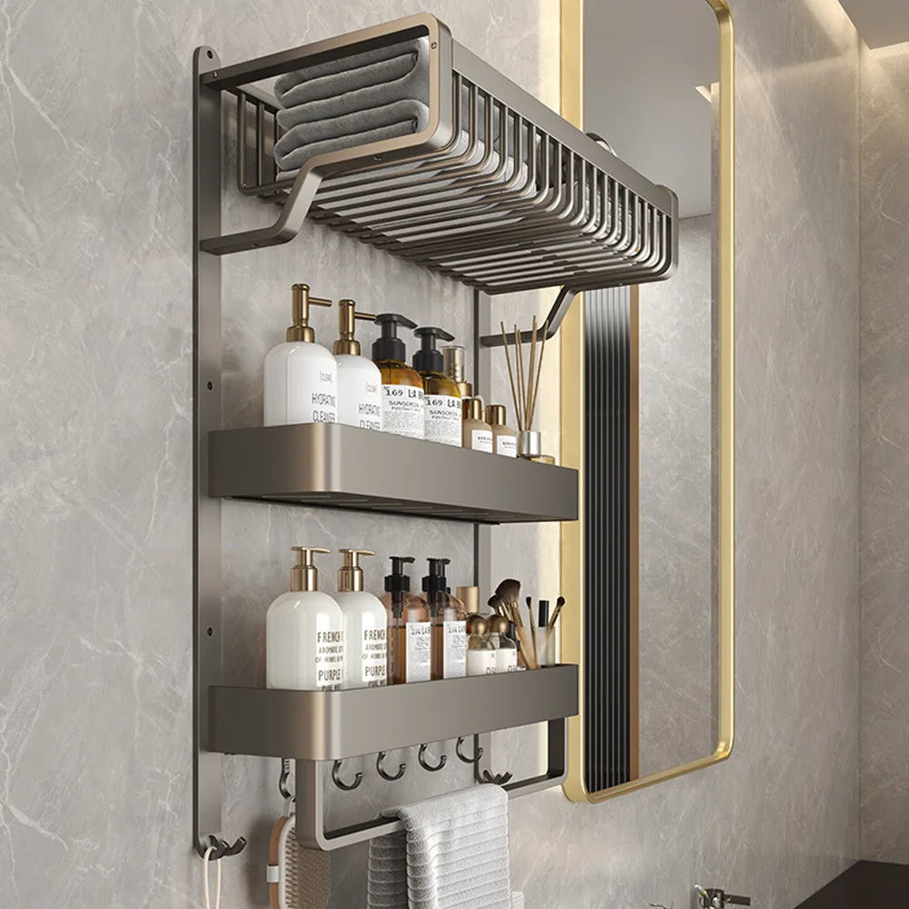 【Breeins】2/3-Tier Bathroom Wall Shelf with Towel Bar and Hooks Organizer Storage Rack