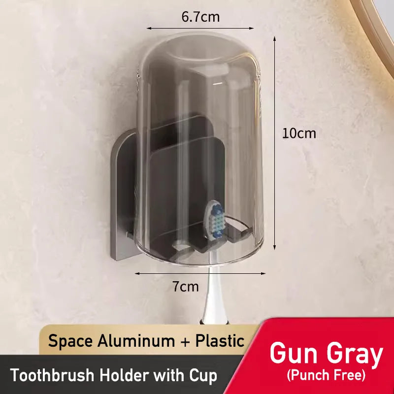 Punch Free Aluminum Wall Mount Toothbrush Holder and Cup Electric Tooth Brush Hold Bathroom Organizer Rack Toothbrushes Storage