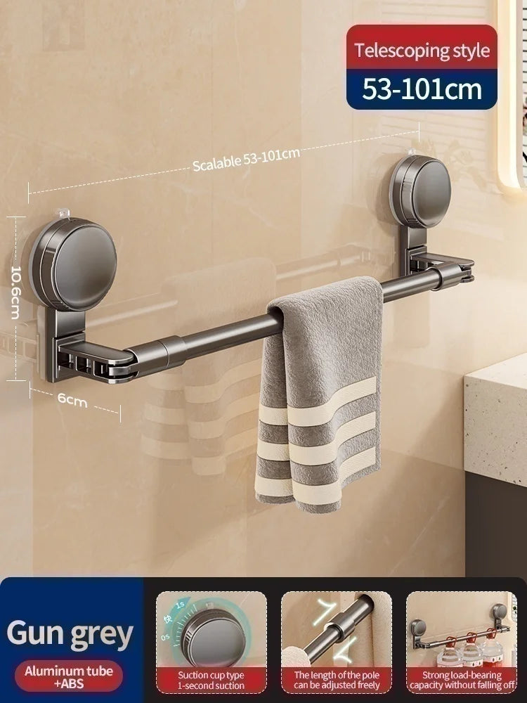 Extendable Rod Kitchen Hook Suction Cup Towel Rack Bathroom Retractable Towel Pole Storage Rack Bathroom Towel Storage Bar
