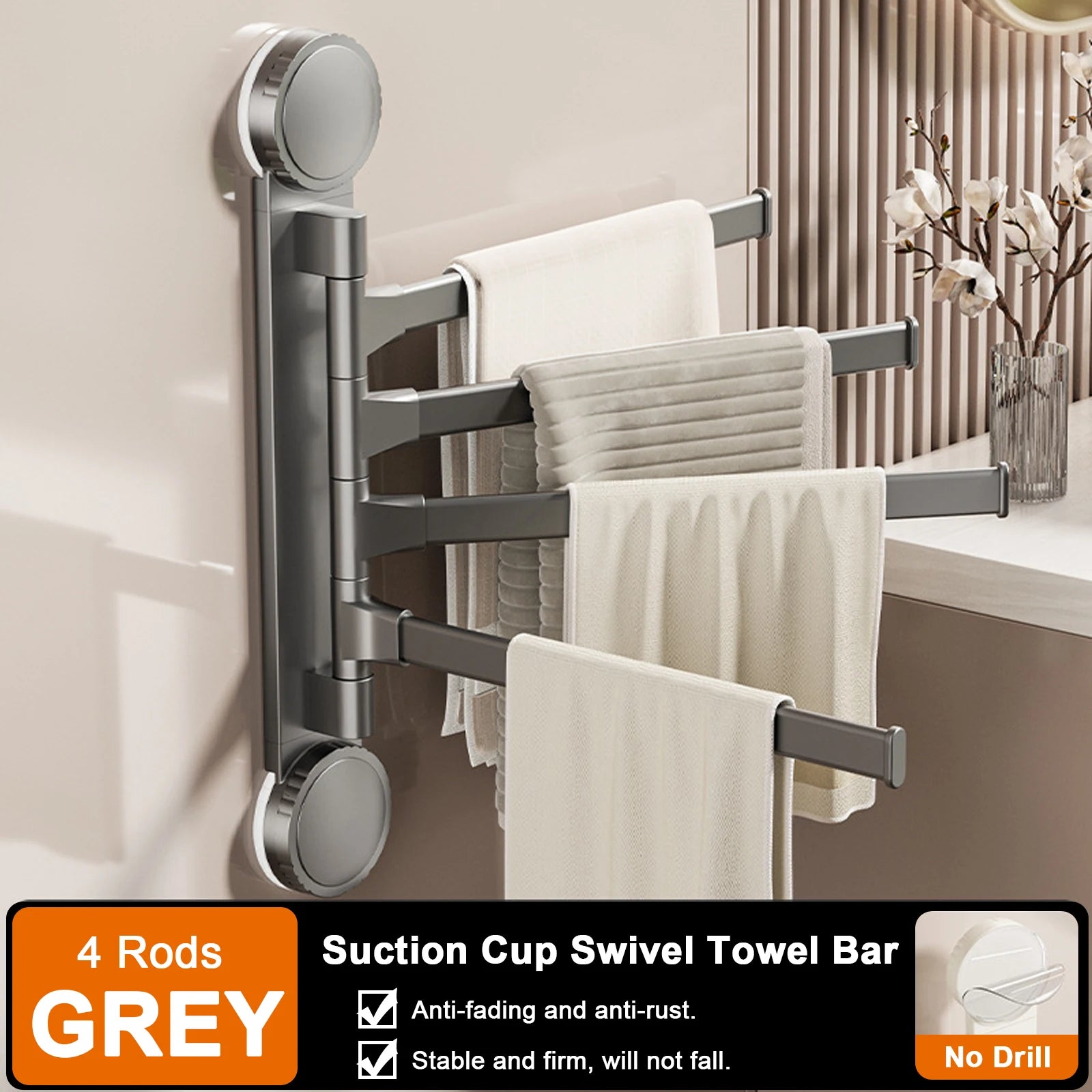 Suction Cup Towel Rack Rotatable Towel Holder Aluminum 2/3/4/5-Bar Towel Hanger Kitchen Bathroom Hanging Wall Mounted