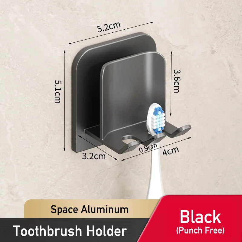 Punch Free Aluminum Wall Mount Toothbrush Holder and Cup Electric Tooth Brush Hold Bathroom Organizer Rack Toothbrushes Storage