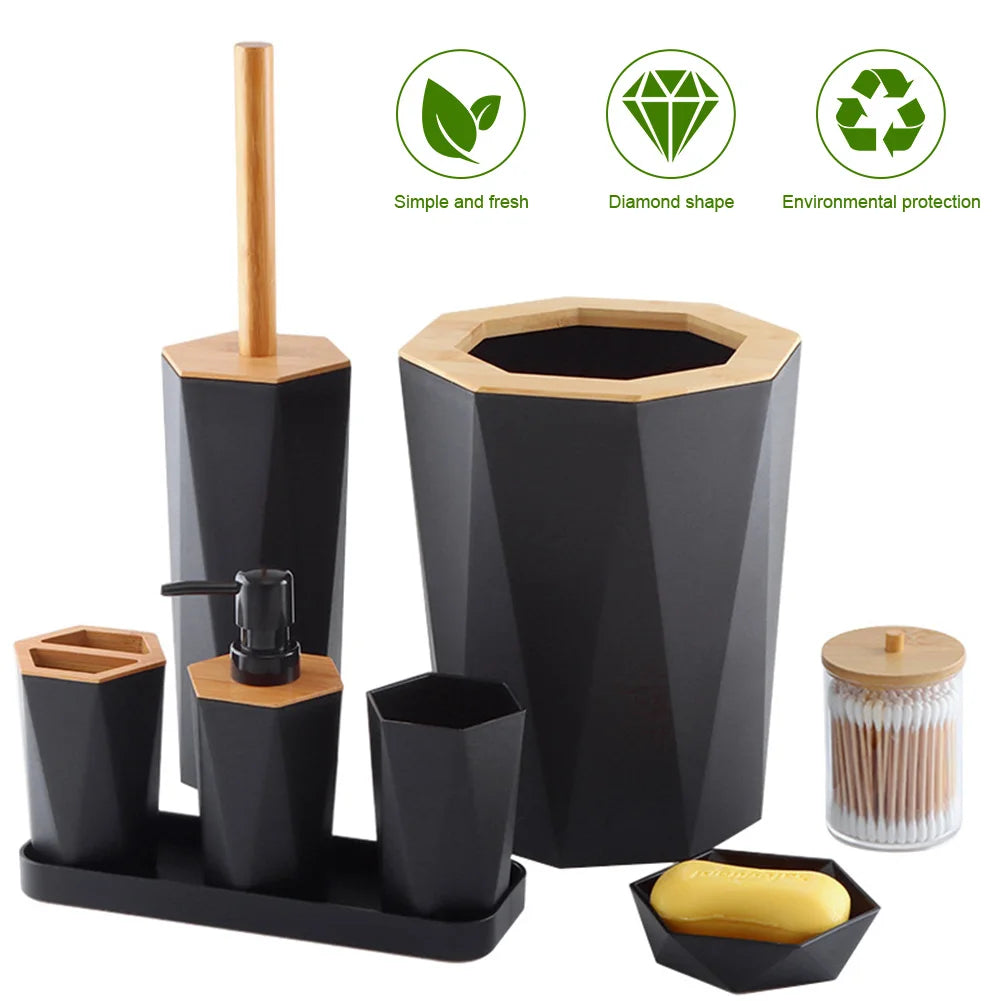 8 Pcs Bathroom Accessories Set with Cup Holder Dish Dispenser Bin Brush (Black)