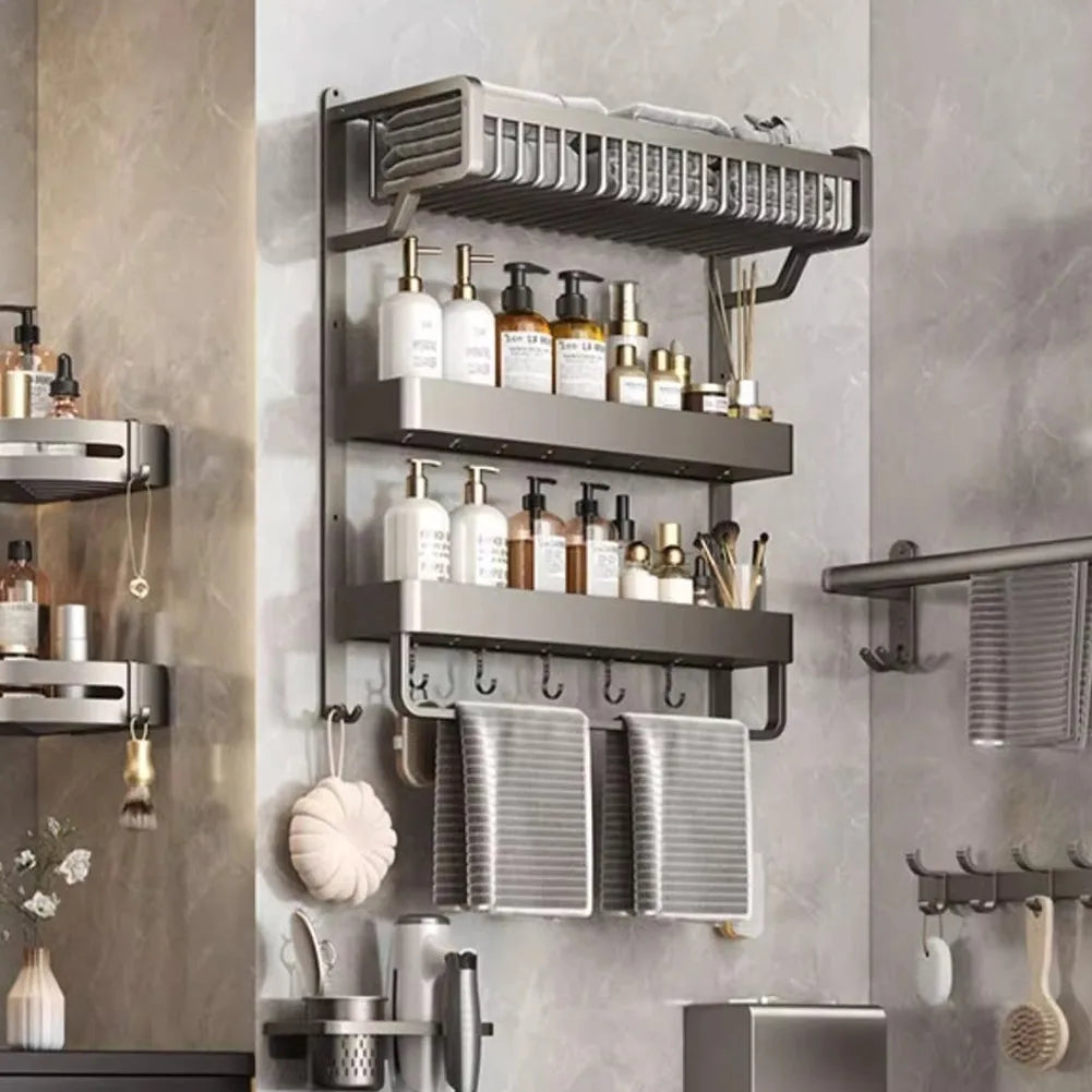 【Breeins】2/3-Tier Bathroom Wall Shelf with Towel Bar and Hooks Organizer Storage Rack