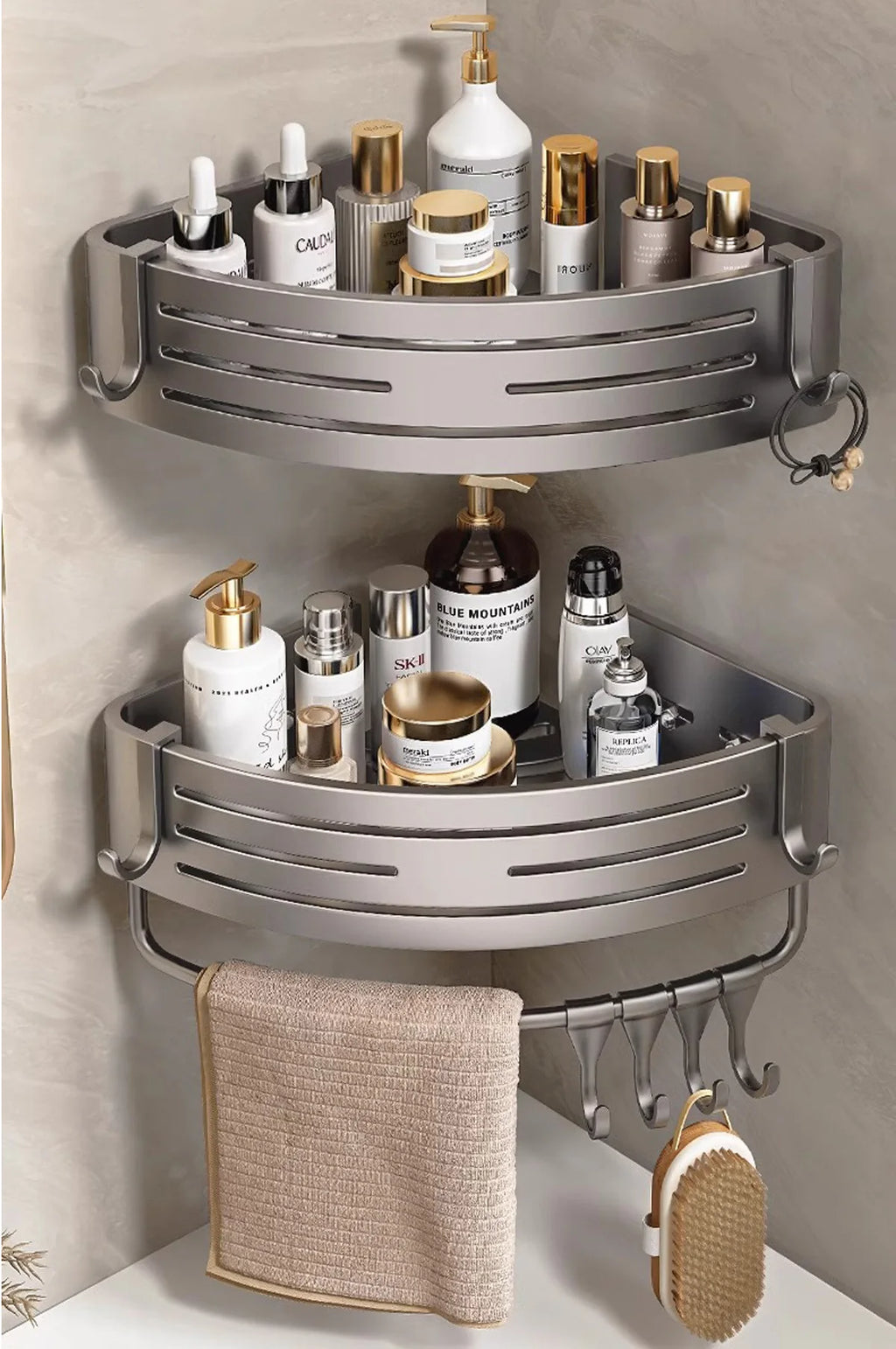 1-2PCS Shower Corner Shelf with Hook Towel Bar No Drill Space Aluminum Shower Storage Rack Bathroom Organizer