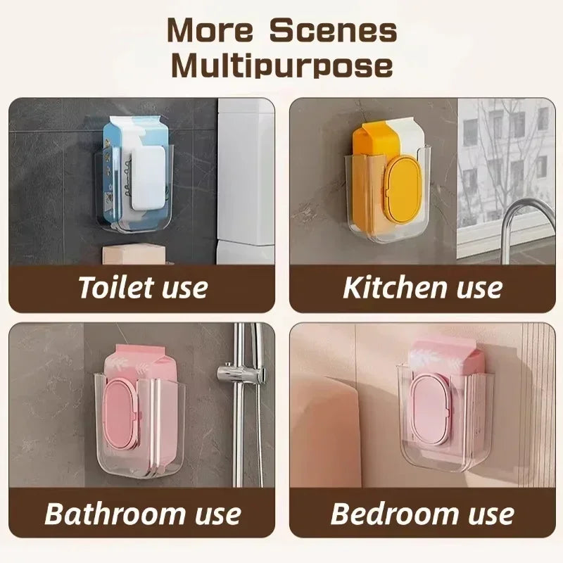 Wall-Mounted Wet Tissue Storage Box Self-Adhesive Plastic Holder with Large Opening for Bathroom Tissue Storage Box Organizer