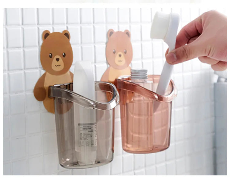 New Toothbrush Holder Adorable Bear Hug Storage Cup Wall-mounted Drain Design Easy Organization Toothbrush Cup Bathroom Supplies