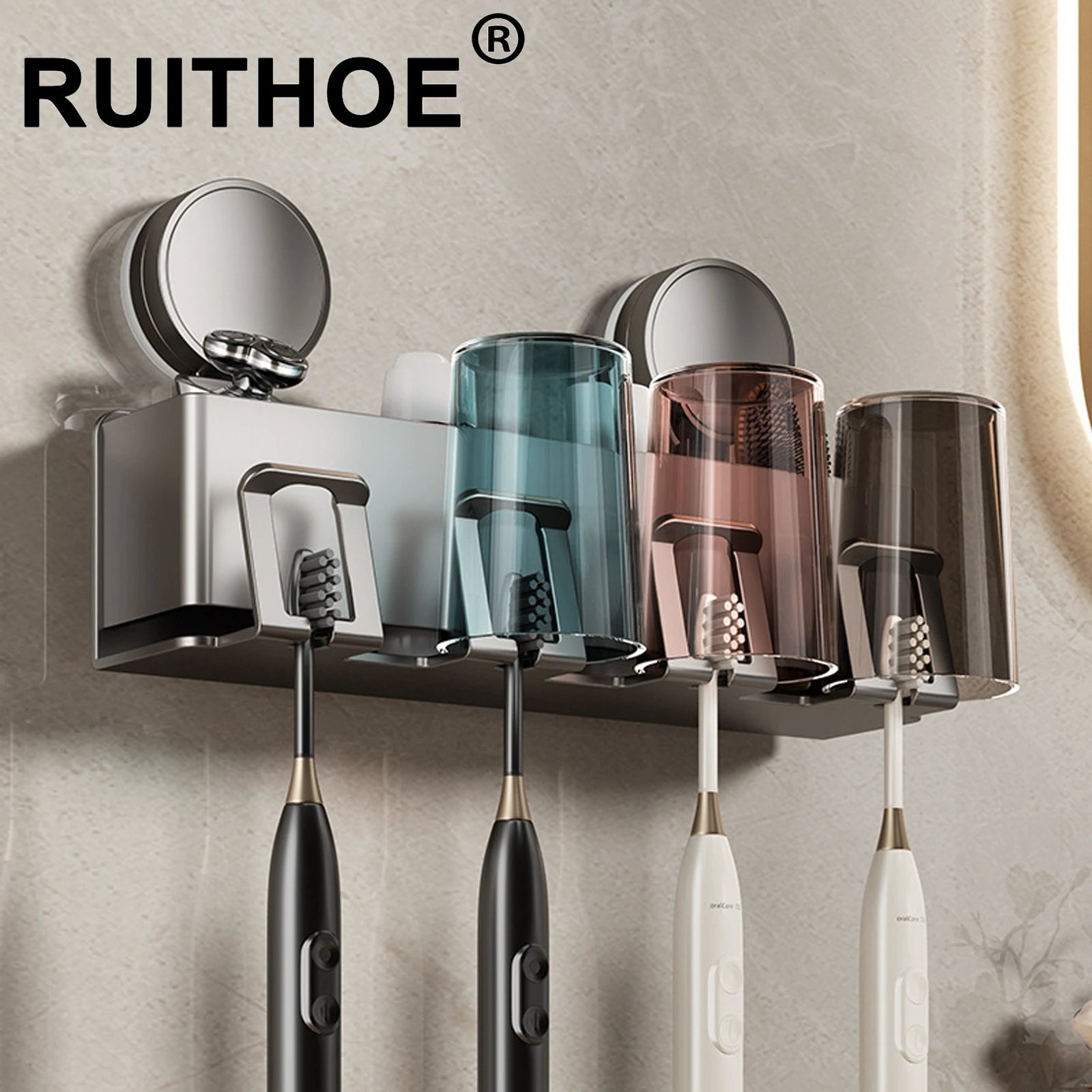 Suction cup Multifunctional Toothbrush Rack and Mug Holder Wall Mounted Toothpaste and Mouthwash Storage with tooth cup
