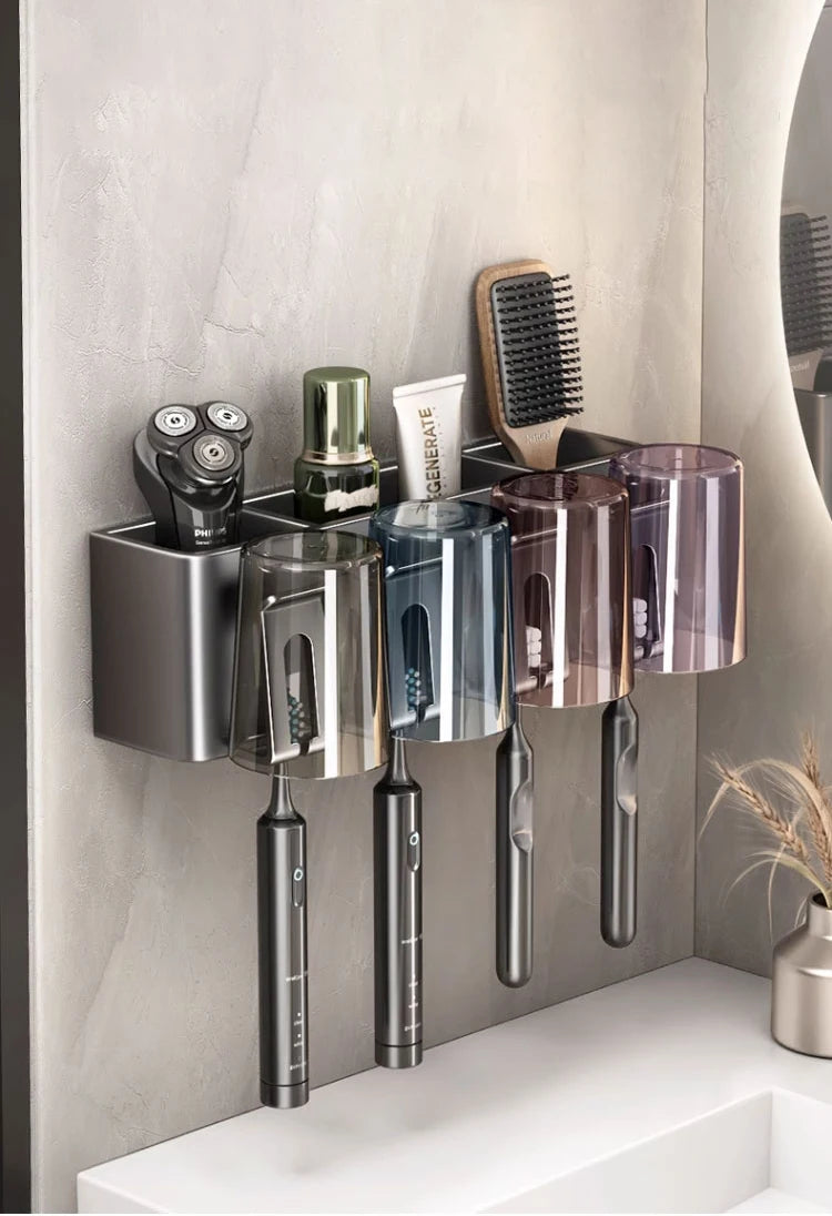 Multi-Function Toothbrush Cup Holder Punch-Free Toothpaste Holder Wall-Mounted Bathroom Storage Box Mouthwash Cup Holder