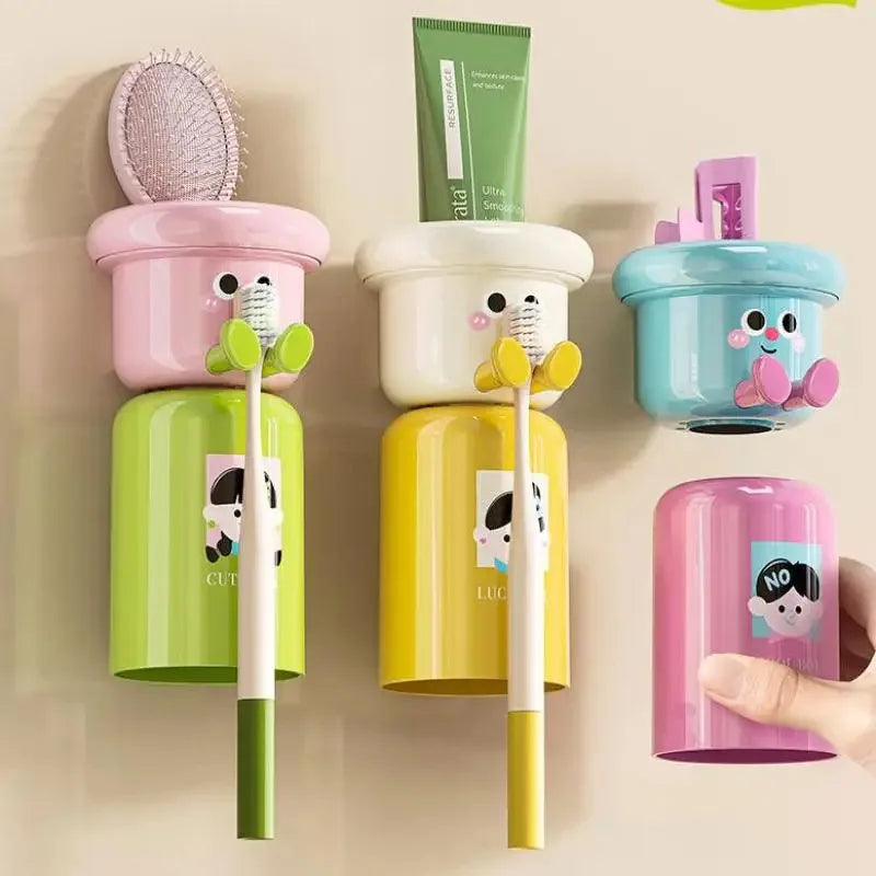 Cartoon Magnetic Toothbrush Holder Punch-Free Upside down Wall Mounted Bathroom Storage Rack Gargle Cup Organizer