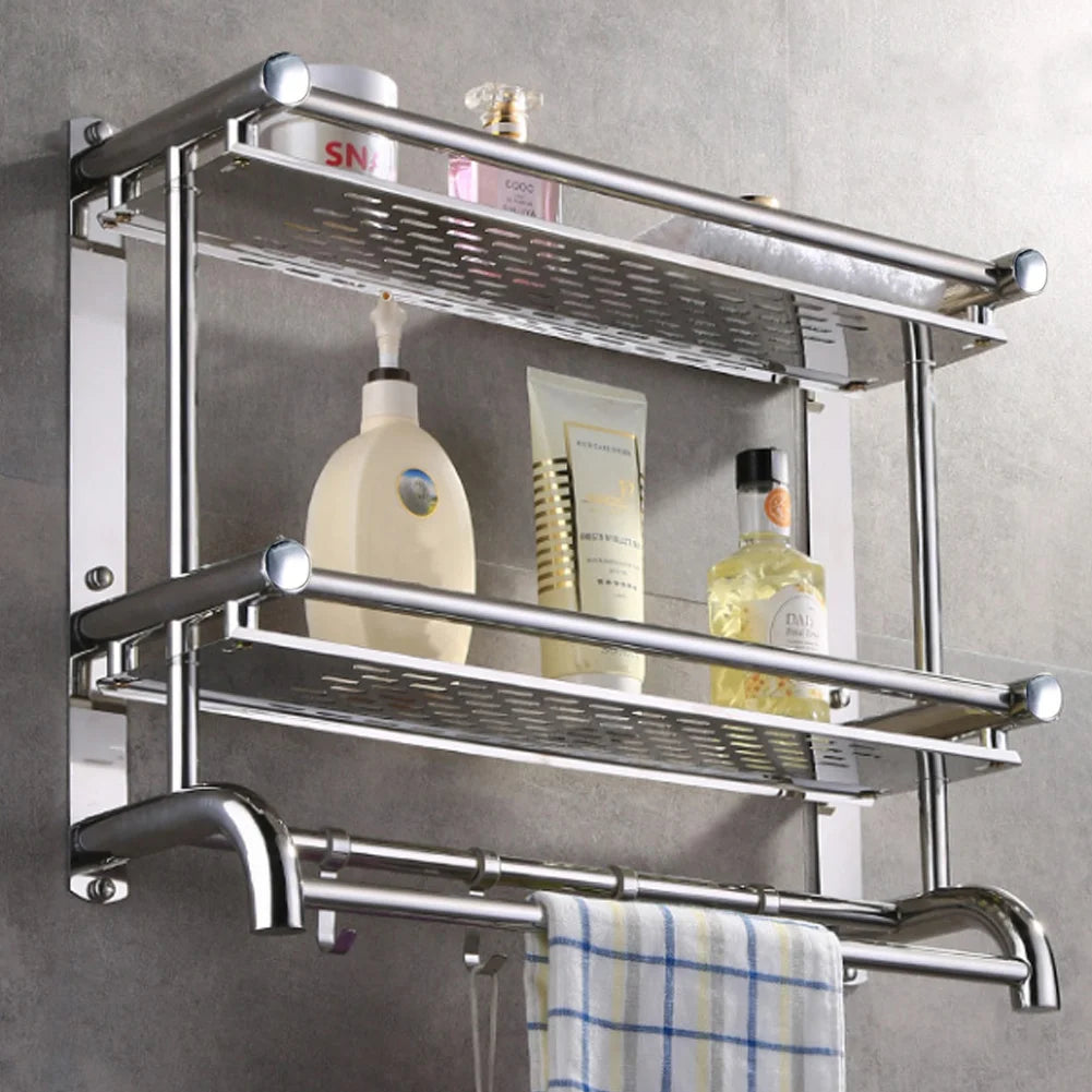 Wall Mounted Bath Towel Rail Bathroom Shelf Holder with Hooks