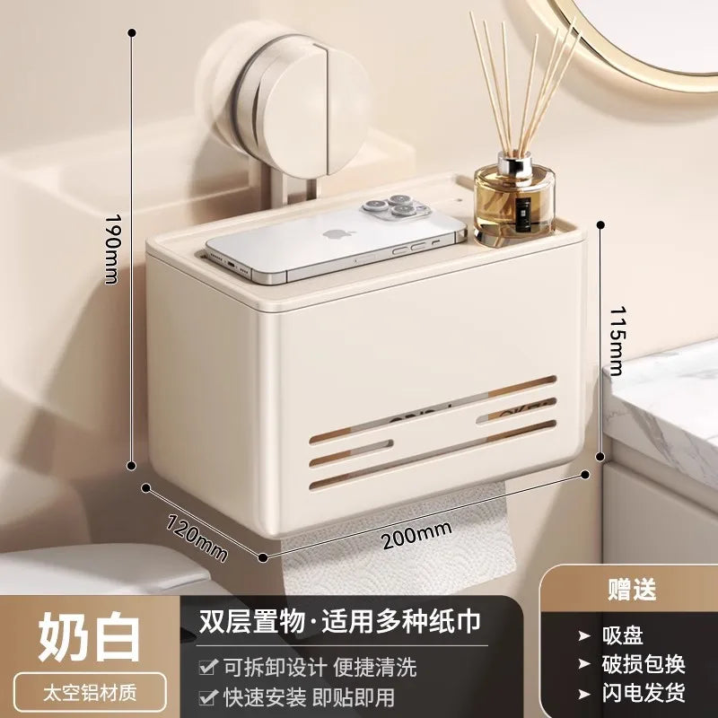 YM Suction Cup Toilet Paper Holder with Drawer, Wall Mounted Tissue & Towel Storage Box for Bathroom Living Room