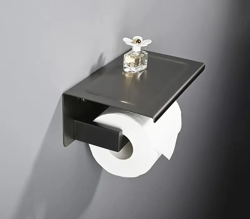 Stainless Steel Toilet Paper Holder Wall Mount with Shelf Tissue Paper Roll Holder Drilling Design Bathroom Storage Organizer