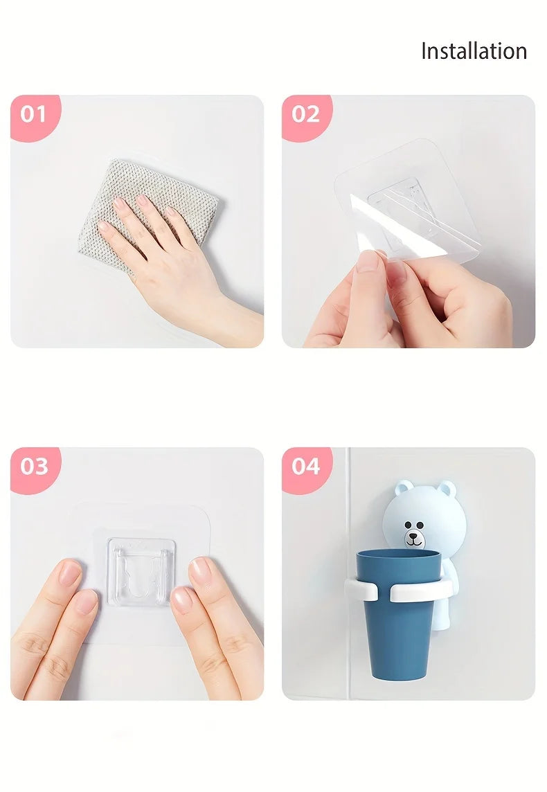 1pc Adorable Bear Wall-Mounted Toothbrush Holder with Gargle Cup - No Drill, Space-Saving Bathroom Organizer, Playful Design