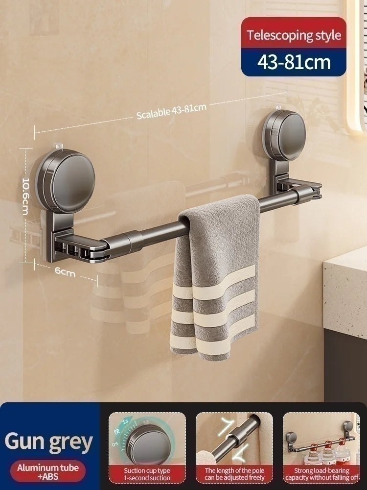 Extendable Rod Kitchen Hook Suction Cup Towel Rack Bathroom Retractable Towel Pole Storage Rack Bathroom Towel Storage Bar