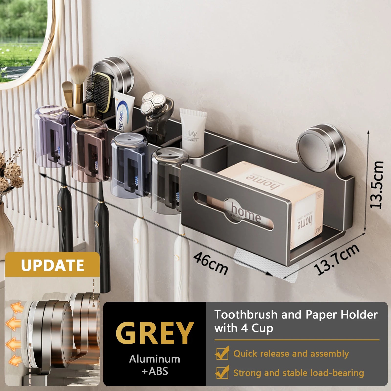 Suction Cup Toothbrush Holder With Paper Towel Holder Wall Mounted Storage Bathroom Shelf Mouthwash Cup Toothbrush Holder