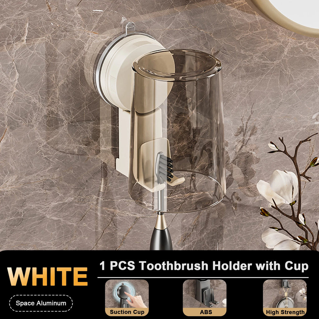 Suction Cup Toothbrush Holder With Squeezer Perforation-free Bathroom Shelf Mouthwash Cup Toothbrush Holder