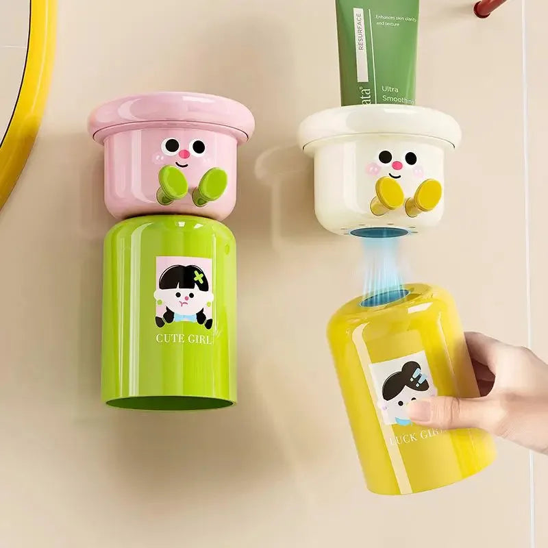 Cartoon Magnetic Toothbrush Holder Punch-Free Upside down Wall Mounted Bathroom Storage Rack Gargle Cup Organizer