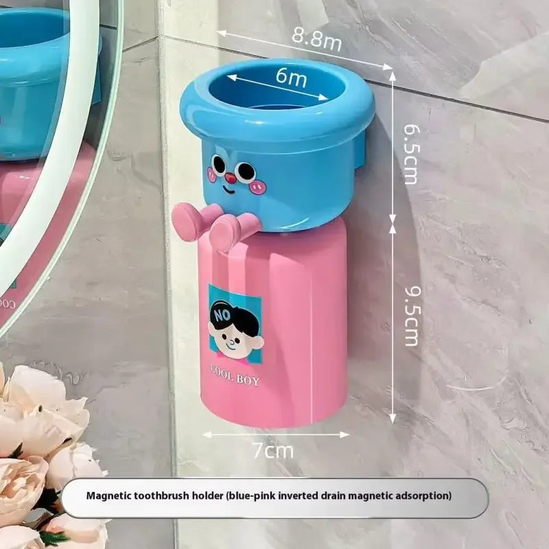 Cartoon Magnetic Toothbrush Holder Punch-Free Upside down Wall Mounted Bathroom Storage Rack Gargle Cup Organizer