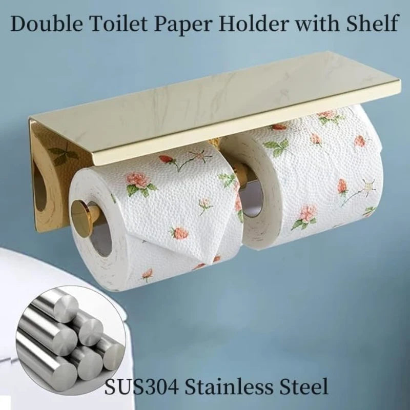 Wall Mounted 304 Stainless Steel Toilet Roll Paper Holder with Shelf, Double Roll Tissue Paper Holder