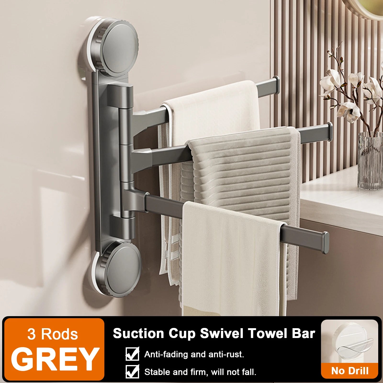 Suction Cup Towel Rack Rotatable Towel Holder Aluminum 2/3/4/5-Bar Towel Hanger Kitchen Bathroom Hanging Wall Mounted