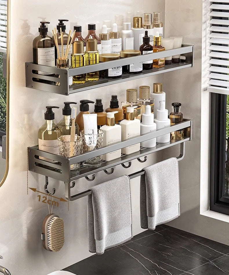 Shower Corner Shelf Without Drilling Aluminum Bathroom Shelf With Towel Bar Shampoo Holder Toilet Rack Bathroom Accessories