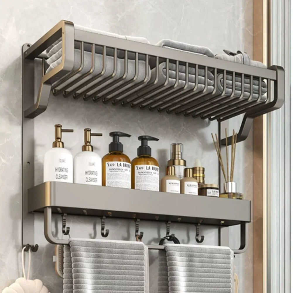 Multi-layer bathroom wall shelf with towel bar and hooks, kitchen spice storage rack toilet shelf