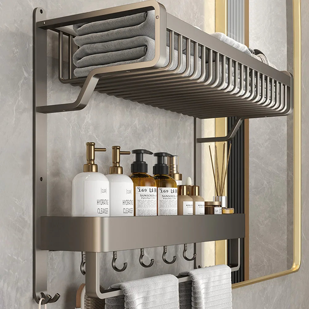 【Breeins】2/3-Tier Bathroom Wall Shelf with Towel Bar and Hooks Organizer Storage Rack