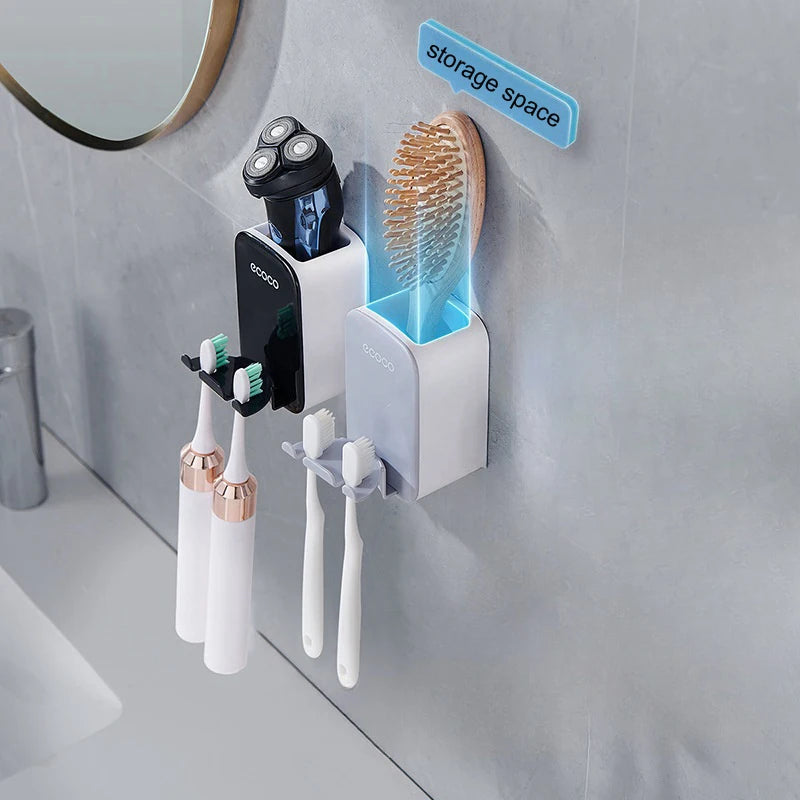 ECOCO Toothbrush Holder and Cup Set Wall Mount Bathroom Accessory Punch Free Mouthwash Holder for Single Home School Student