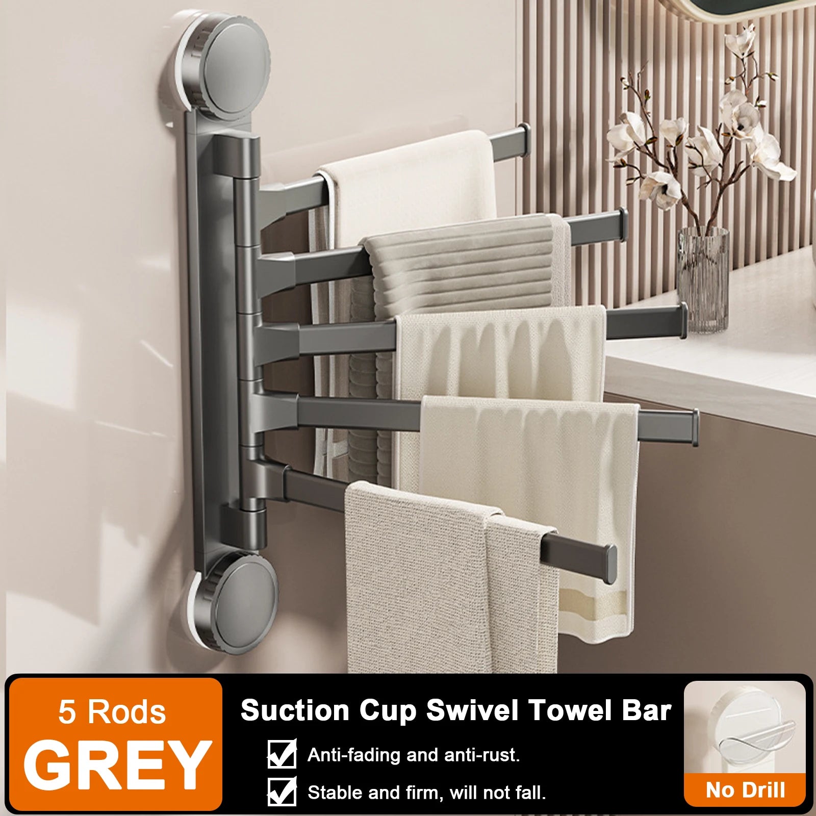Suction Cup Towel Rack Rotatable Towel Holder Aluminum 2/3/4/5-Bar Towel Hanger Kitchen Bathroom Hanging Wall Mounted