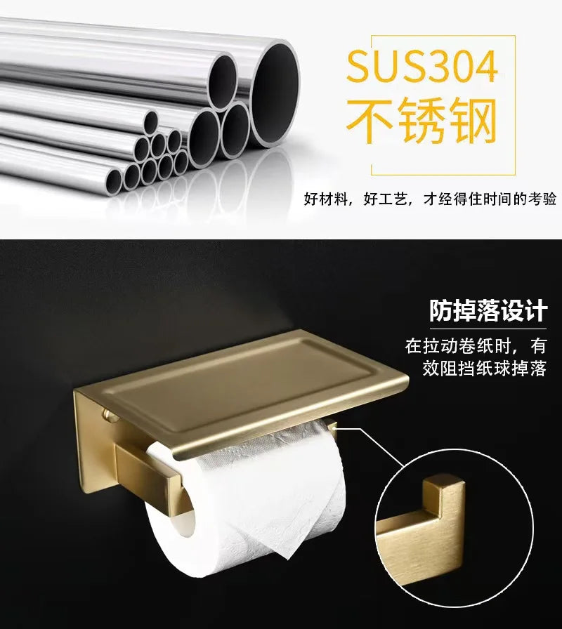 Stainless Steel Toilet Paper Holder Wall Mount with Shelf Tissue Paper Roll Holder Drilling Design Bathroom Storage Organizer