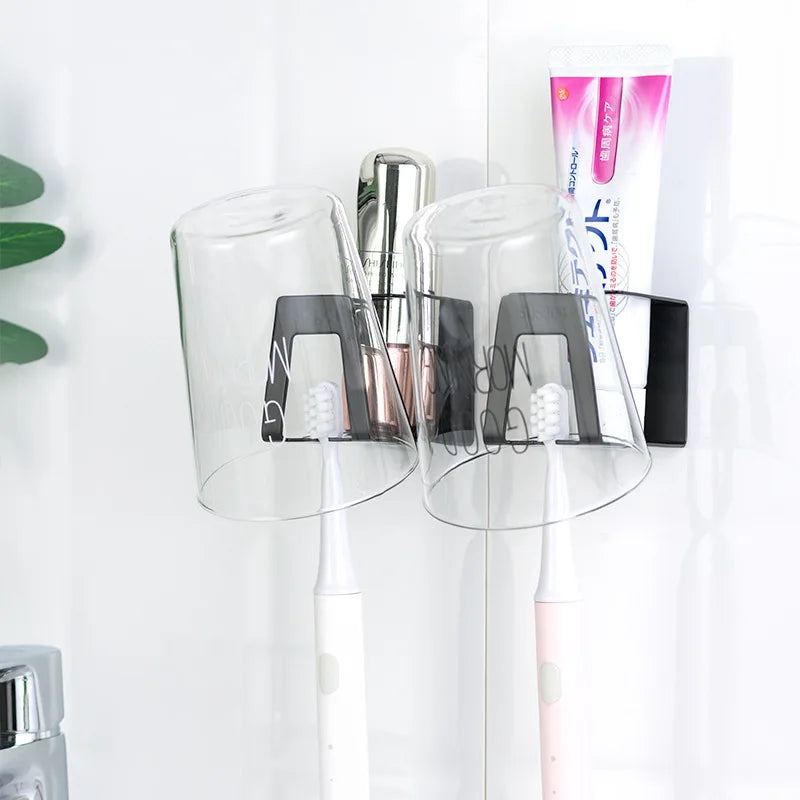Self-adhesive Wall Mount Stainless Steel Toothbrush Holder Punch-free Toothpaste Organizer Mouthwash Cup Stand Bathroom Tools