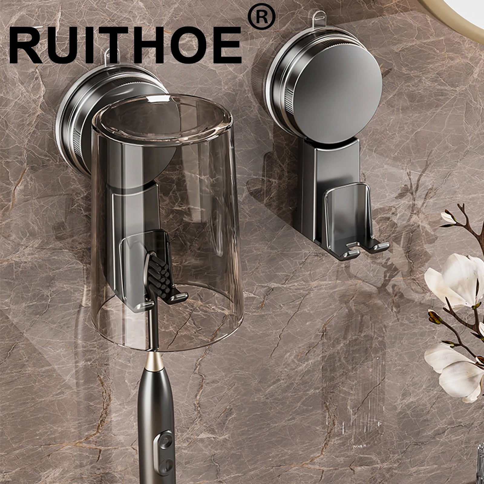 Suction Cup Toothbrush Holder With Squeezer Perforation-free Bathroom Shelf Mouthwash Cup Toothbrush Holder