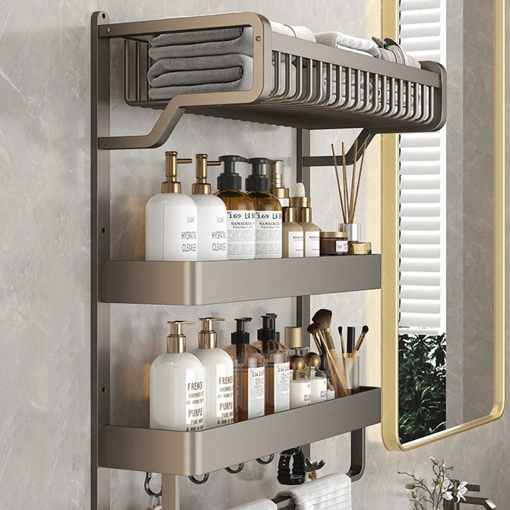 Multi-layer bathroom wall shelf with towel bar and hooks, kitchen spice storage rack toilet shelf