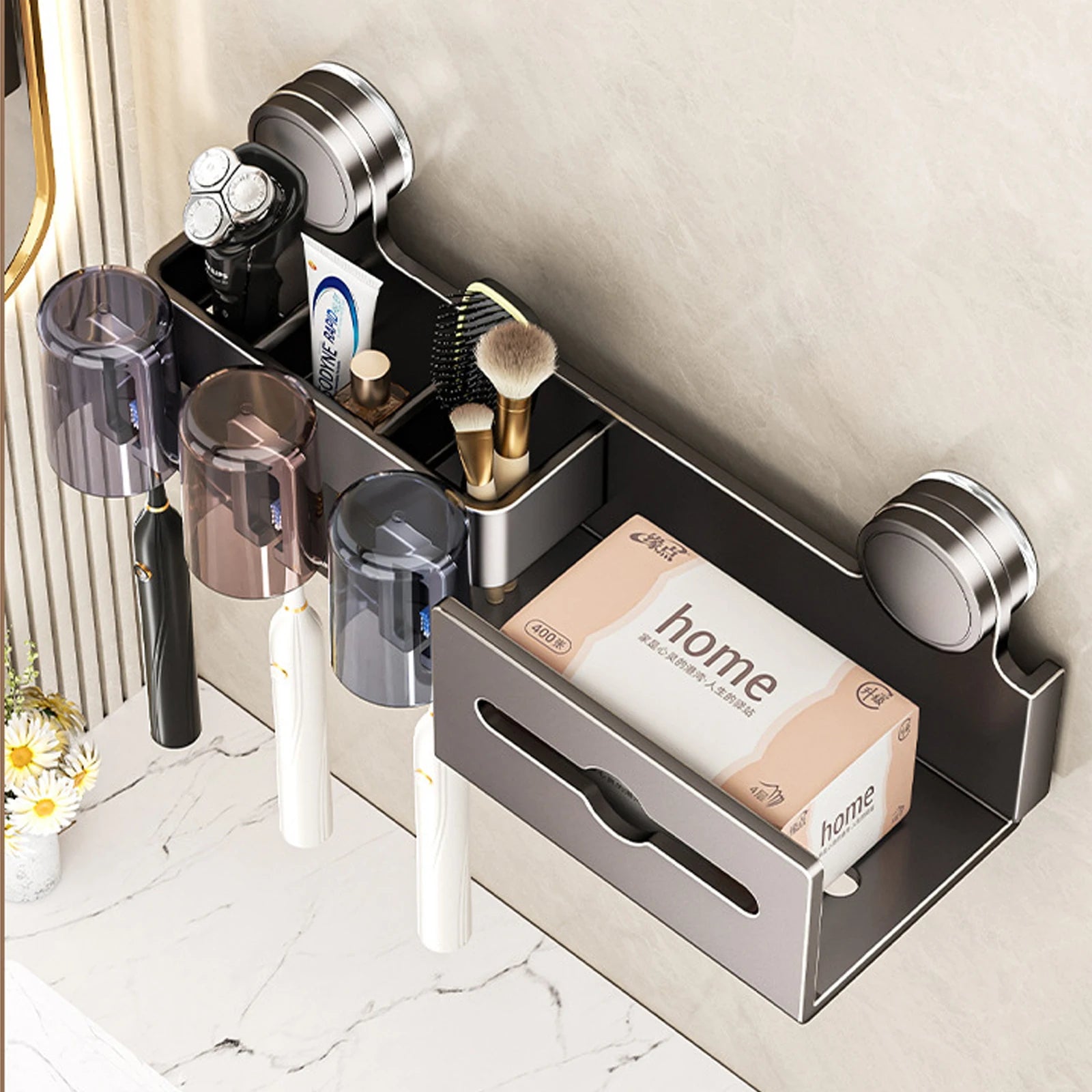 Suction Cup Toothbrush Holder With Paper Towel Holder Wall Mounted Storage Bathroom Shelf Mouthwash Cup Toothbrush Holder