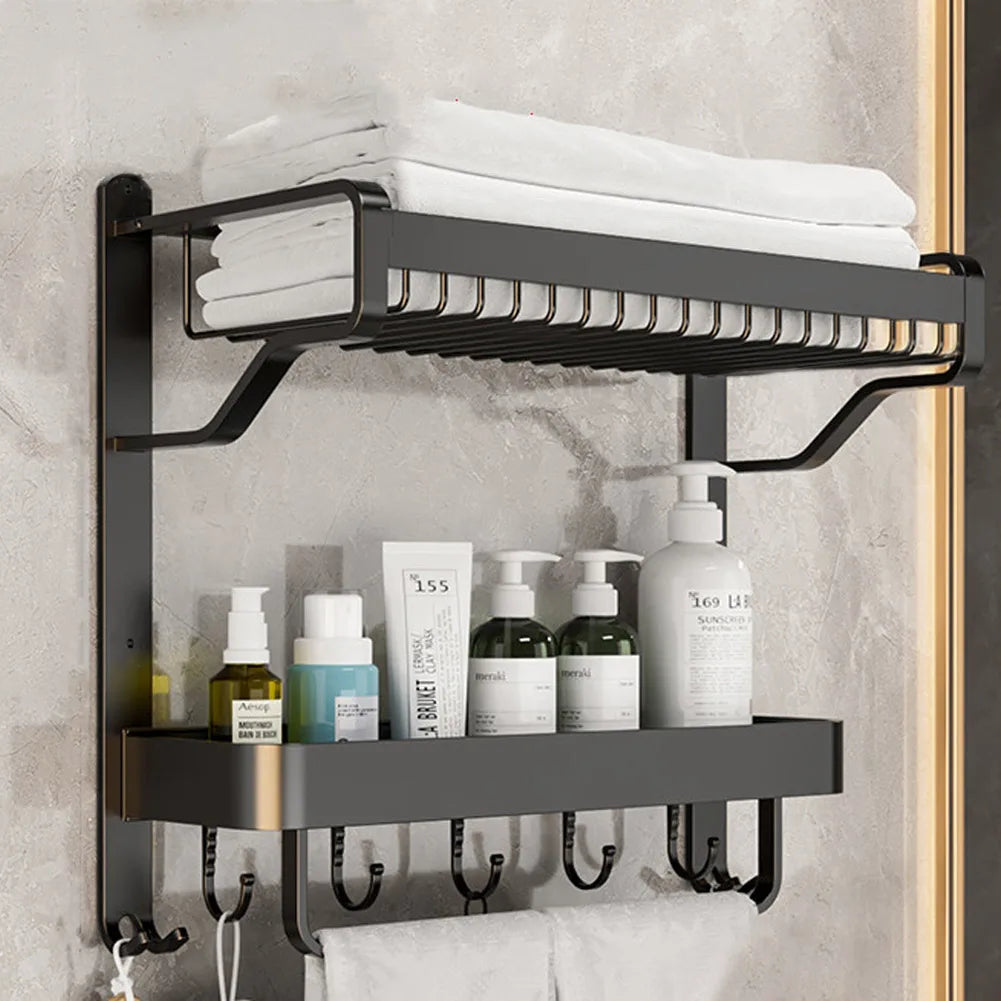 Multi-layer bathroom wall shelf with towel bar and hooks, kitchen spice storage rack toilet shelf
