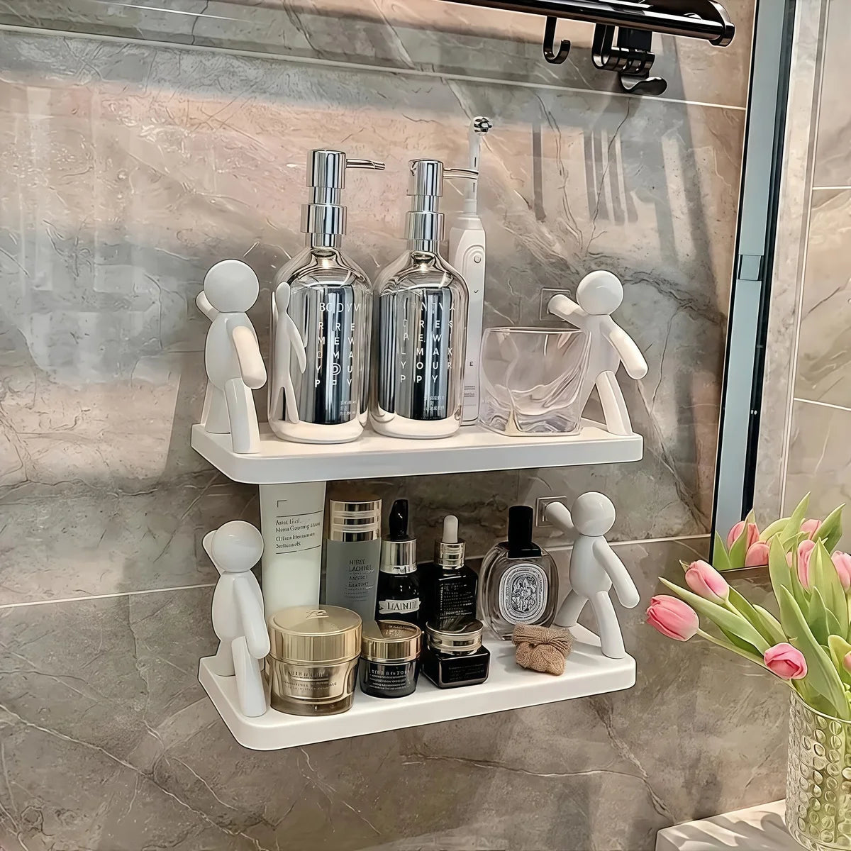 1Pc Self-adhesive Bathroom Shelf Shower Towel Storage Rack Plastic Cosmetic Toilet Organizer Home Decor Kitchen