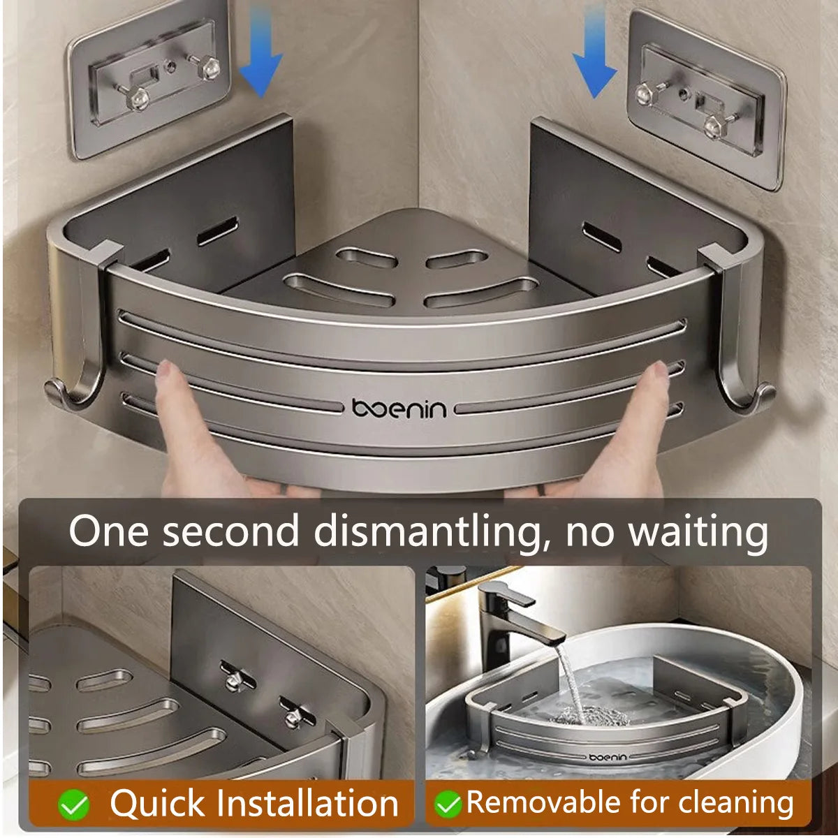 1-2PCS Shower Corner Shelf with Hook Towel Bar No Drill Space Aluminum Shower Storage Rack Bathroom Organizer