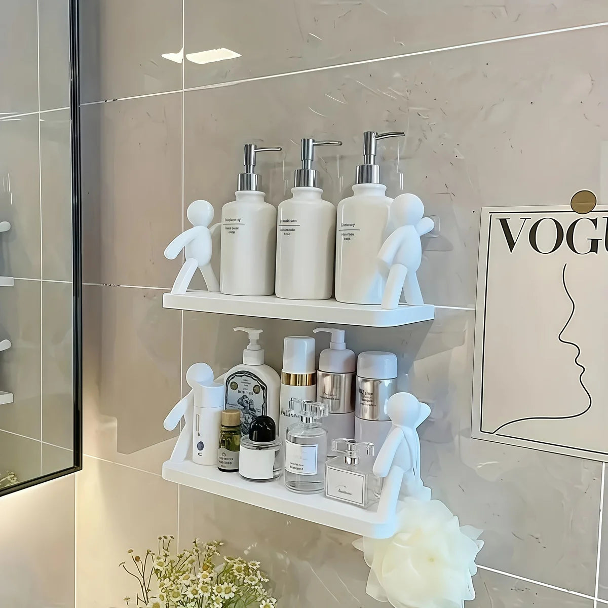 1Pc Self-adhesive Bathroom Shelf Shower Towel Storage Rack Plastic Cosmetic Toilet Organizer Home Decor Kitchen