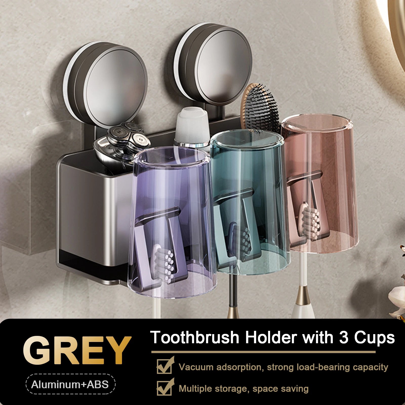 Suction cup Multifunctional Toothbrush Rack and Mug Holder Wall Mounted Toothpaste and Mouthwash Storage with tooth cup