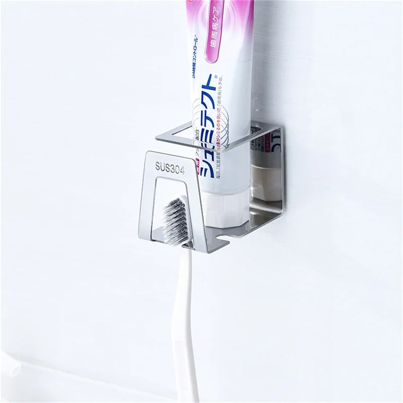 Self-adhesive Wall Mount Stainless Steel Toothbrush Holder Punch-free Toothpaste Organizer Mouthwash Cup Stand Bathroom Tools
