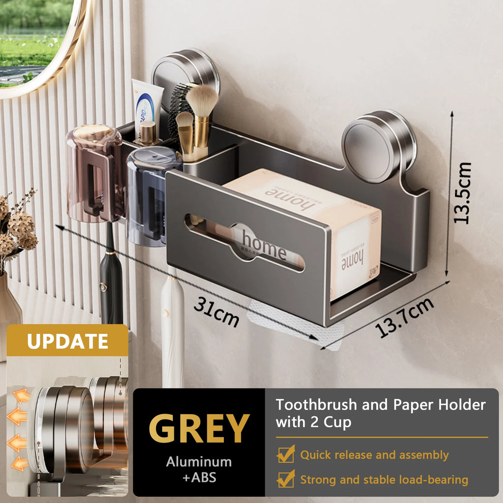 Suction Cup Toothbrush Holder With Paper Towel Holder Bathroom Shelf Mouthwash Cup Toothbrush Holder